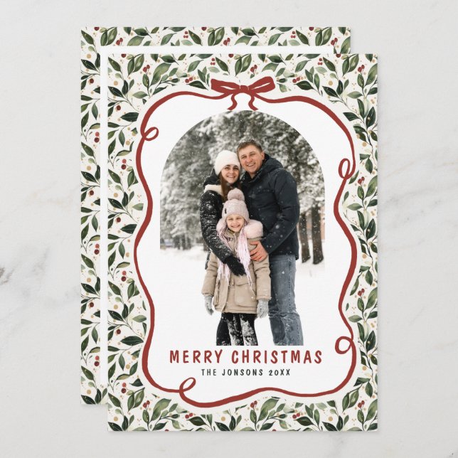 Tarjeta Festiva 2 Photo Retro Christmas Hand Drawn Red Bow Ribbon (Anverso / Reverso)