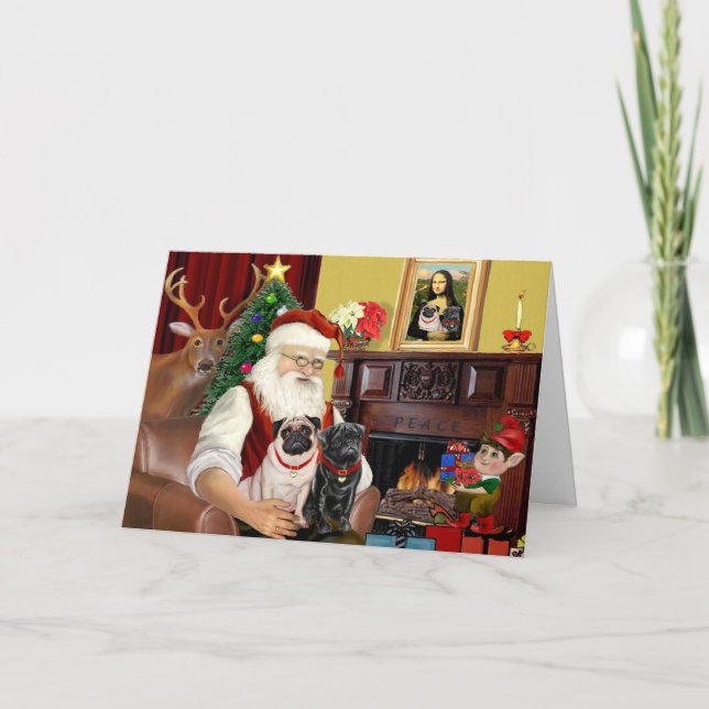 Tarjeta Festiva 2 Pugs de Santa (aposento + negro) (Anverso)