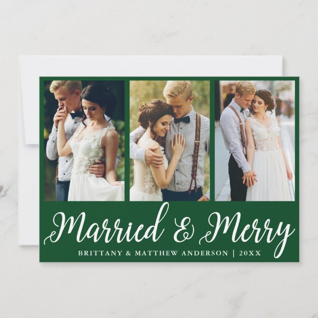 Tarjeta Festiva 3 Boda de fotografía casado y morado verde (Anverso)
