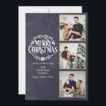 Tarjeta Festiva 3 Collage de fotos Feliz Chalkboard navideño<br><div class="desc">Un elegante diseño de vacaciones de collage de fotos boho 3 para que puedas personalizar con tus fotos favoritas en marcos dorados,  mensajes,  nombres y año en un fondo de pizarra. El reverso presenta copos de nieve cayendo sobre un fondo de pizarra coincidente. Diseñado por Thisisnotme©</div>
