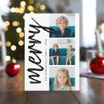 Tarjeta Festiva 3 Collage de fotos Mínimo Ser blanco moro<br><div class="desc">Un alegre y luminoso saludo de vacaciones con un rústico saludo caligráfico de escritura. Un estilo moderno de mediados de siglo con un patrón geométrico en la parte trasera. Este diseño no tradicional es un enfoque fresco que hará destacarse a las fotos familiares.</div>