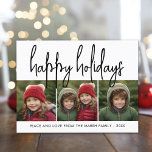 Tarjeta Festiva 3 Collage de fotos Mod Script blanco negro - Feliz<br><div class="desc">Un alegre y luminoso saludo de vacaciones con un estilo rústico tipo letra caligrafía. Un estilo moderno de mediados de siglo con un patrón geométrico en la parte trasera. Este diseño no tradicional es un enfoque fresco que hará destacarse a las fotos familiares.</div>