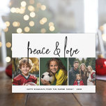 Tarjeta Festiva 3 Collage de fotos Mod Script blanco negro Peace L<br><div class="desc">Un alegre y luminoso saludo de vacaciones con un estilo rústico tipo letra caligrafía. Un estilo moderno de mediados de siglo con un patrón geométrico en la parte trasera. Este diseño no tradicional es un enfoque fresco que hará destacarse a las fotos familiares.</div>