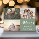 Tarjeta Festiva 3 Collage de fotos - Moderno Punto de Polka Feliz<br><div class="desc">Verde - Utiliza 3 fotos horizontales con los temas centrados. Haz que un Navidad único y de moda saluda con un patrón alegre y luminoso en la parte trasera. Si necesita mover algo,  haga clic en el botón personalizar para realizar cambios.</div>