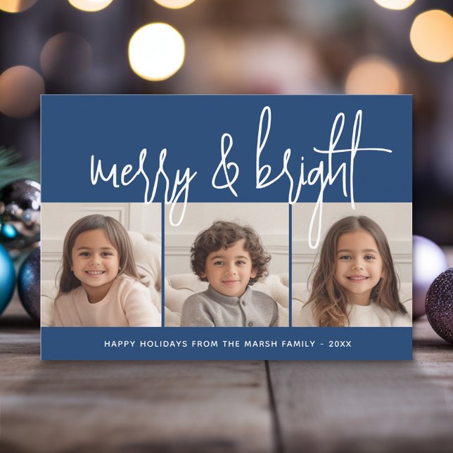 Tarjeta Festiva 3 Collage de fotos Script azul blanco Merry Bright (Modern Christmas Photo Greeting Card)