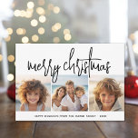 Tarjeta Festiva 3 Collage de fotos Script blanco negro Feliz Navid<br><div class="desc">Un alegre y luminoso saludo de vacaciones con un estilo rústico tipo letra caligrafía. Un estilo moderno de mediados de siglo con un patrón geométrico en la parte trasera. Este diseño no tradicional es un enfoque fresco que hará destacarse a las fotos familiares.</div>