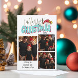 Tarjeta Festiva 3 Familia Collage de fotos Retro Font Feliz Navida<br><div class="desc">Este diseño festivo de Feliz Navidad fue creado usando un divertido y moderno tipo de letra de guión y mi letra de bloque con letras a mano en un estilo retro de los años 80 en suave azul y rojo coronado con mi sombrero Santa pintado a mano con bayas y...</div>