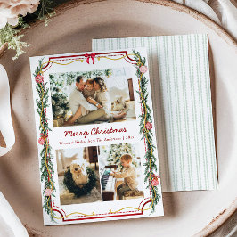 Tarjeta Festiva 3 Foto Foliage y Bow de Navidades botánicos modern