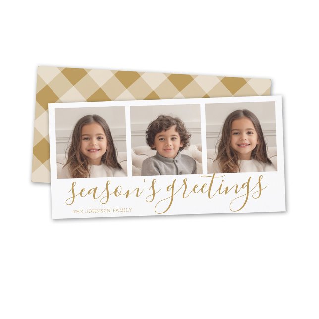 Tarjeta Festiva 3 Foto: Gold Calligraphy Plaid Seasons Greding (3 Photo online Christmas card, minimal design, modern script, buffalo plaid)