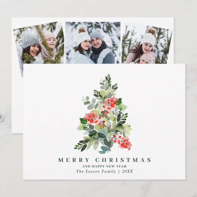 Tarjeta Festiva 3 FOTO Holly Berry Christmas Greding Holids (Anverso / Reverso)