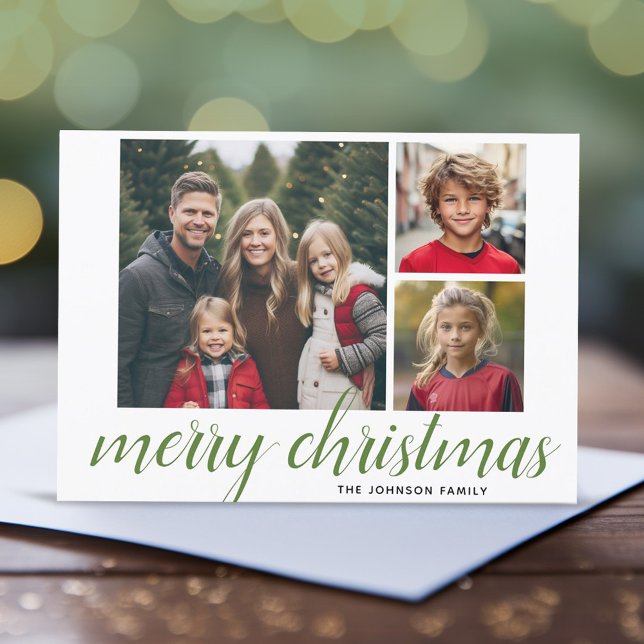 Tarjeta Festiva 3 Foto Merry Christmas Script Green Damask (3 Photo Online Christmas Card - Modern, Simple Design)