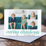 Tarjeta Festiva 3 Foto Merry Christmas Script Verde azulada Damask<br><div class="desc">Usa tres fotos cuadradas y haz un exclusivo y moderno saludo de Feliz Navidad con un elegante patrón en la parte trasera. El saludo se muestra en una caligrafía rebotante moderna que se puede cambiar para cumplir con tu proverbio favorito. Si necesita mover algo, haga clic en el botón personalizar...</div>