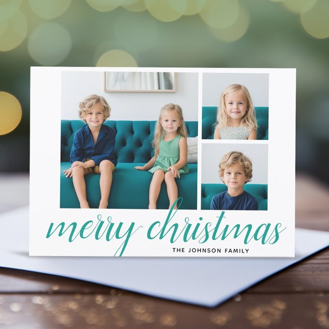 Tarjeta Festiva 3 Foto Merry Christmas Script Verde azulada Damask (3 Photo Online Christmas Card - Modern, Simple Design)