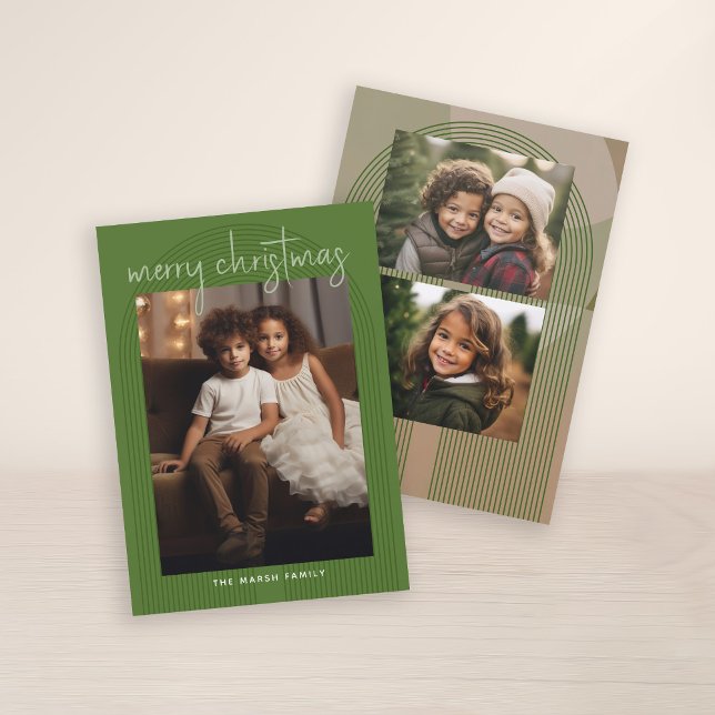 Tarjeta Festiva 3 Fotografía Merry Christmas Resumen Lines Handwri (3 Photo Christmas Card with Retro Line Art Arches - Print and Download Option)