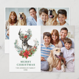 Tarjeta Festiva 3 FOTOS Elegantes Navidades Deer Poinsettia Saludo