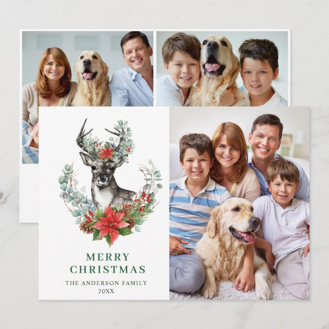 Tarjeta Festiva 3 FOTOS Elegantes Navidades Deer Poinsettia Saludo (Anverso / Reverso)