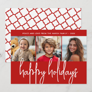 Tarjeta Festiva 3 Fotos - Felices Fiestas - Rojo Cuatrofoils