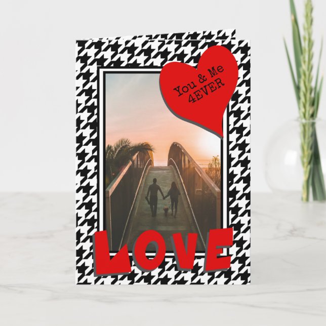 Tarjeta Festiva 3 Fotos Red Love Heart Notes Classic Houndstoth (Anverso)
