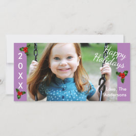 Tarjeta Festiva 3 Holly Purple Happy Holidays-Christmas Photo Card