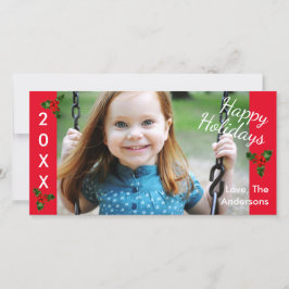 Tarjeta Festiva 3 Holly Red Happy Holidays -Christmas Photo Card