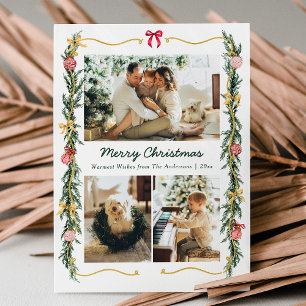 Tarjeta Festiva 3 Navidades con estilo fotográfico verde y vacacio
