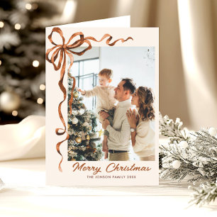 Tarjeta Festiva 3 Navidades de foto de Boho Beige Bow Ribbon