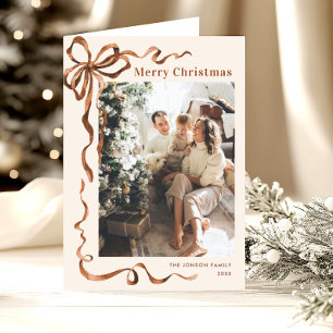 Tarjeta Festiva 3 Navidades de foto de Boho Beige Bow Ribbon
