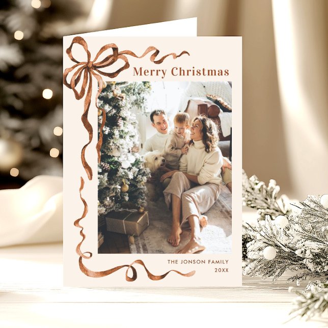 Tarjeta Festiva 3 Navidades de foto de Boho Beige Bow Ribbon (Subido por el creador)