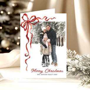 Tarjeta Festiva 3 Navidades de foto festivos Boho Red Bow Ribbon