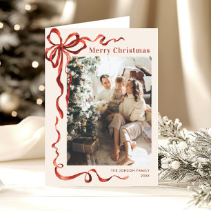 Tarjeta Festiva 3 Navidades de foto festivos Boho Red Bow Ribbon