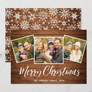 Tarjeta Festiva 3 Navidades de FOTO Rústic Brown Boho Wood Saludo