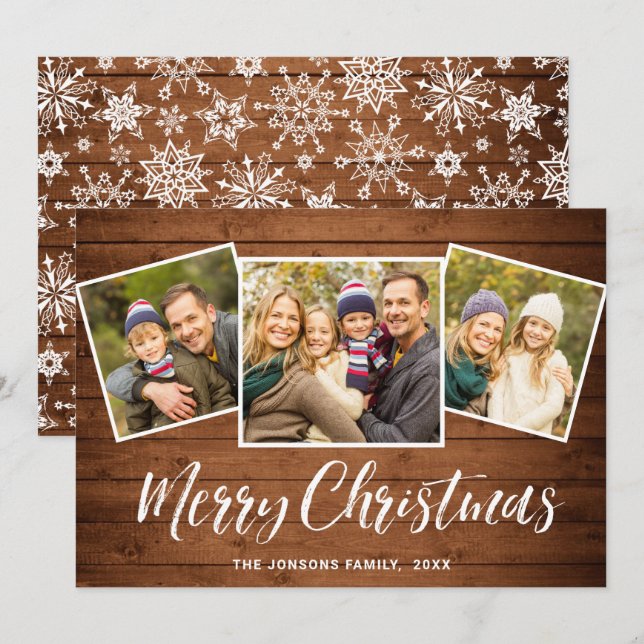 Tarjeta Festiva 3 Navidades de FOTO Rústic Brown Boho Wood Saludo (Anverso / Reverso)
