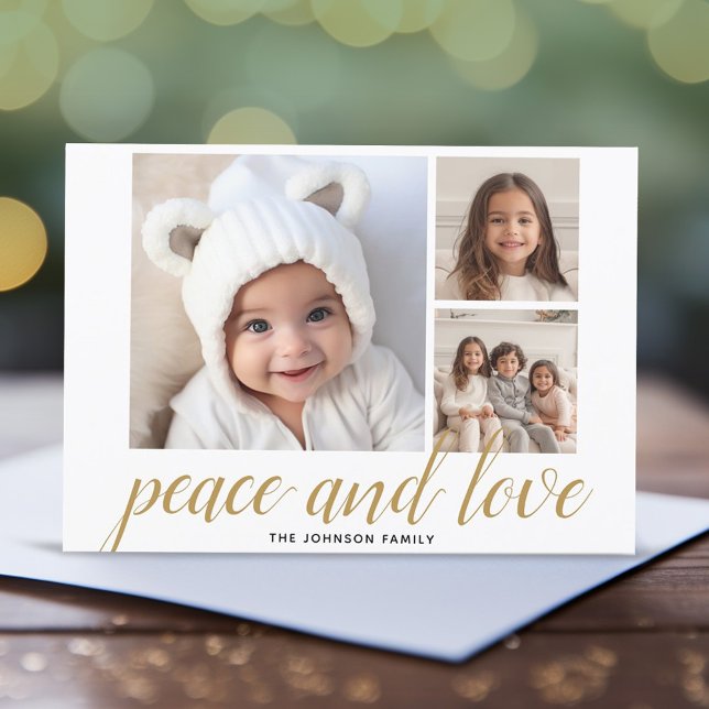 Tarjeta Festiva 3 Navidades de fotos Script Gold Damask Peace Love (3 Photo Online Christmas Card - Modern, Simple Design)