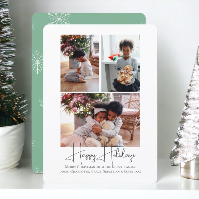 Tarjeta Festiva 3 Navidades de Photo Happy Holidays (3 Photo Happy Holidays Christmas Holiday Cards from Ricaso. Snowflake green and white pattern )
