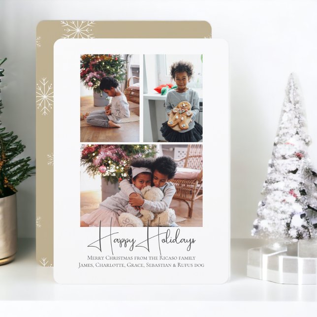 Tarjeta Festiva 3 Navidades de Photo Happy Holidays (3 Photo Happy Holidays Christmas Holiday Cards from Ricaso. Snowflake beige and white pattern )