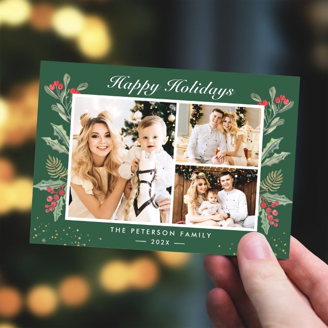 Tarjeta Festiva 3 Navidades de Photo Happy Holidays Holly Berries (Subido por el creador)