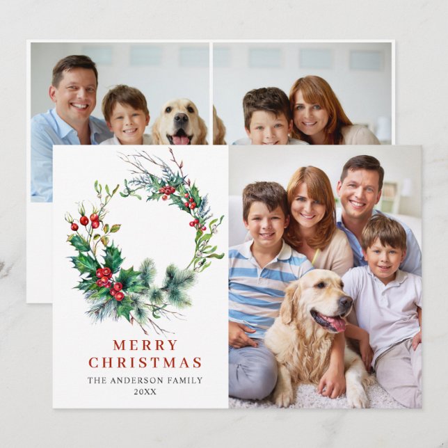 Tarjeta Festiva 3 Navidades de Wreath de la FOTO Holly Berry salud (Anverso / Reverso)