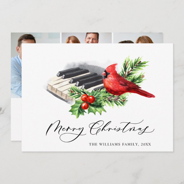 Tarjeta Festiva 3 Navidades del cardenal rojo Holly Berry (Anverso / Reverso)