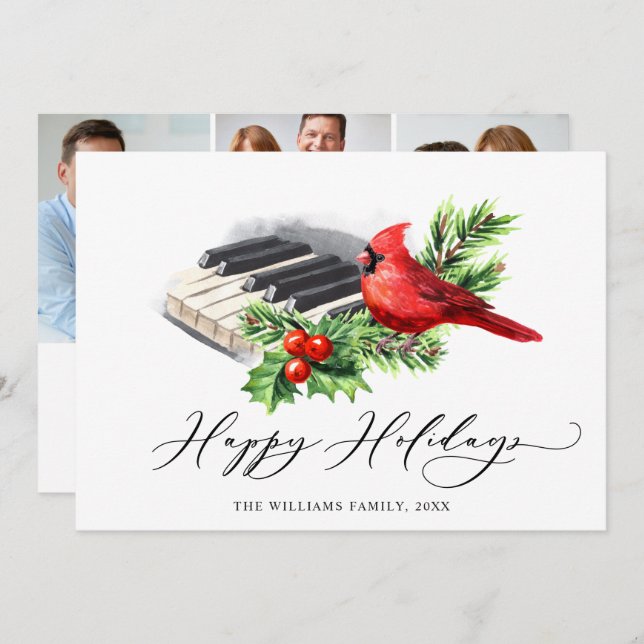 Tarjeta Festiva 3 Navidades del cardenal rojo Holly Berry (Anverso / Reverso)