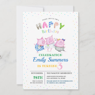 Tarjeta Festiva 3 pequeños lechones Feliz cumpleaños tipografía li