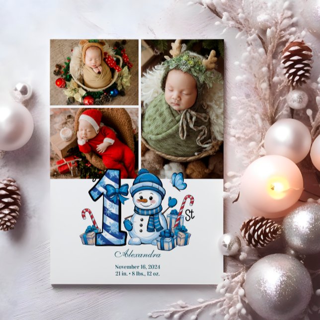 Tarjeta Festiva 3 Photo Blue Snowman First Christmas (Subido por el creador)