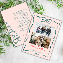 Tarjeta Festiva 3 Photo Collage Wavy Doodle Frame Bow Christmas