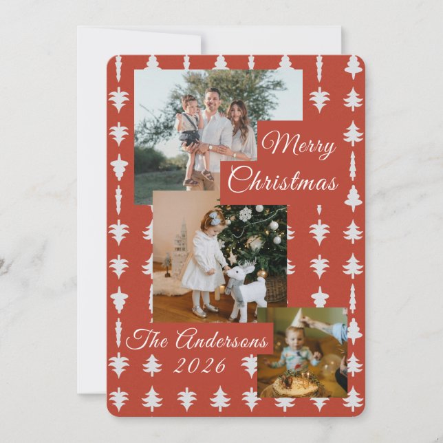 Tarjeta Festiva 3 Photo Holiday Red + White Christmas Tree  (Anverso)