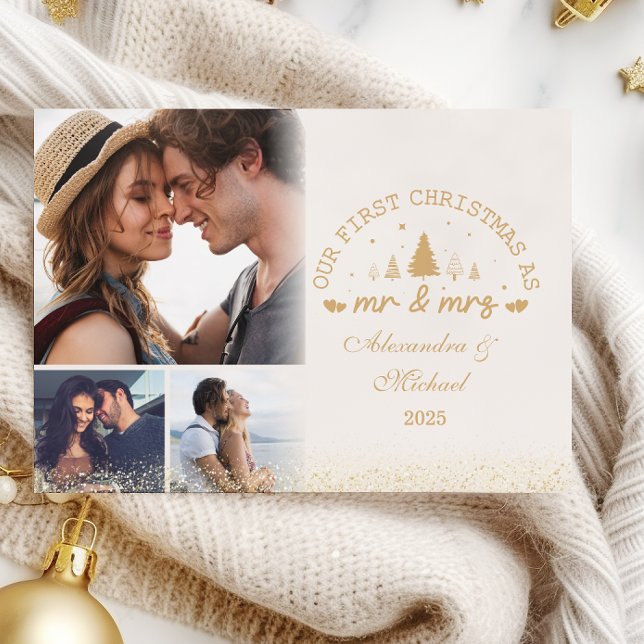 Tarjeta Festiva 3 Photos First Christmas as Mr and Mrs gold (Subido por el creador)