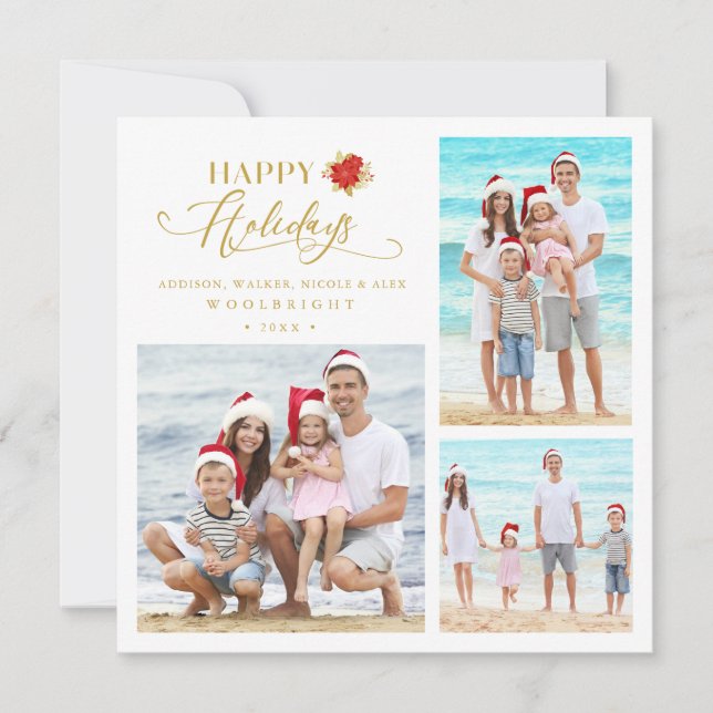 Tarjeta Festiva 3 Photos Poinsettias Whimsical Happy Holidays (Anverso)