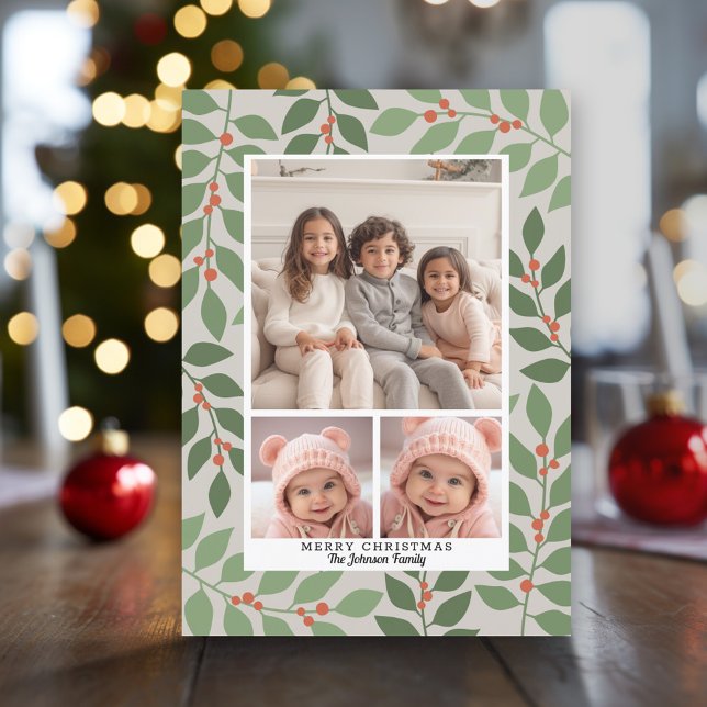 Tarjeta Festiva 3 saludo de temporada botánica moderna de Collage  (Modern Christmas Photo Greeting Card)