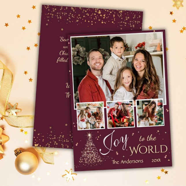 Tarjeta Festiva 4 collage de fotos Alegría a los Navidades simples (Front/Back )