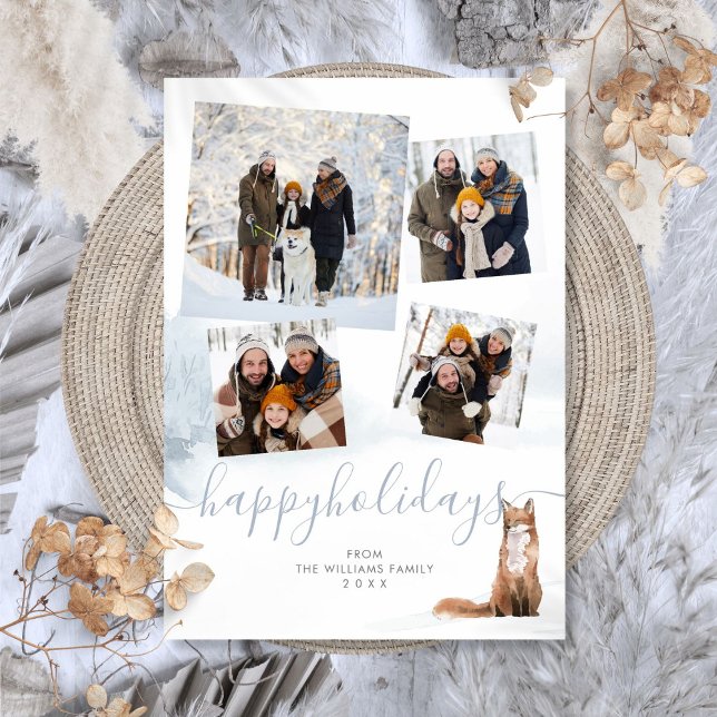 Tarjeta Festiva 4 Collage de fotos Felices Fiestas Invierno Woodla (4 Photo Collage Happy Holidays Winter Woodland Fox Holiday Card)