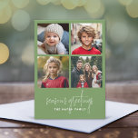 Tarjeta Festiva 4 Collage de fotos Temporada verde de Navidades mí<br><div class="desc">Patrón de trenzado verde vintage en la parte posterior - Un saludo navideño simple y minimalista con 4 fotos cuadradas y caligrafía moderna. Recortar tus fotos en cuadrados antes de subirlas.</div>