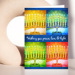 Tarjeta Festiva 4 colorida Hanukkah Menorahs Moda de la luz de amo<br><div class="desc">"Deseándote paz, amor y luz. ¡Feliz Hanukkah!" Una foto de primer plano de 4 menorahs artísticos de colores vivos te ayuda a iniciar las vacaciones de Hanukkah. Siente el calor y la alegría de la temporada de vacaciones cada vez que envíe esta impresionante y colorida tarjeta de saludo de Hanukkah....</div>